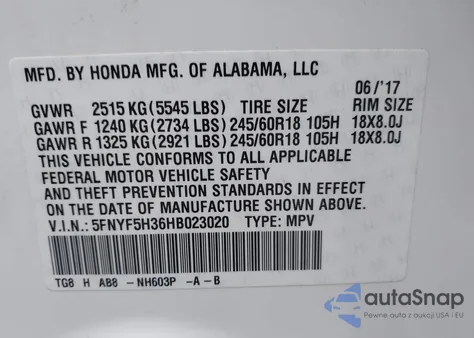 2017 Honda Pilot Ex из США, поврежденный, VIN 5FNYF5H36HB023020